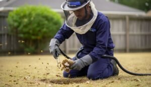 The pest control technician is carefully removing wasp nests from the ground, handling them safely with hands or specialized tools, fully protected with gloves, helmet, and side netting, while staying focused on the task.