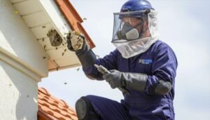 The pest control technician is carefully removing wasp nests from the roof and eaves, handling them safely with hands or specialized tools, fully protected with high-cover safety gear and netting, while staying focused on the task.